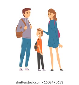 Happy Family Travelling Together, Mother, Father and Son Trekking to Nature, Hiking, Adventures, Active Recreation Vector Illustration