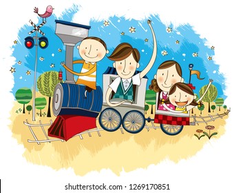 Happy family travelling in Train