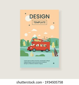 Happy Family Travelling In Van Isolated Flat Vector Illustration. Cartoon Dad, Mom And Children Driving On Road In Camper. Summer Vacation And Adventure Concept