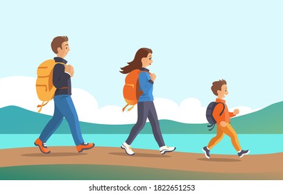 Happy family travels with backpacks in nature. Father, mother and son are walking along the road along the lake. Vector cartoon illustration.