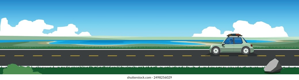 Happy family travels with a classic car for banner. Carrying a rack top roof for travel.  Asphalt road near the reservoir. Background with beautiful sandy beach. Copy Space Flat Vector Illustration.