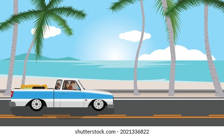 Happy family travels with a classic pickup truck. Carrying a truck full of luggage for travel. On the asphalt road near the sea beach lined with rows of coconut trees. background of sea under sky.