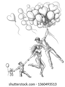 
A happy family travels in a heart-shaped balloon. Hand-drawn sketch depicting family, joy and love.