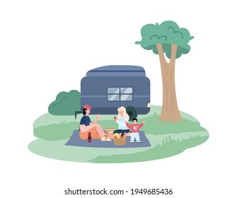 Happy family travels in trailer, cartoon vector illustration isolated on white.