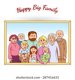 Happy family tree generations framed portrait poster with grandparents children baby pets and toys abstract vector illustration