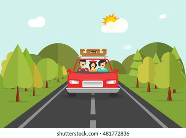 Happy family trip by car vector illustration, flat cartoon smiling family characters in auto travelling on road across forest and hills, concept of road journey together 