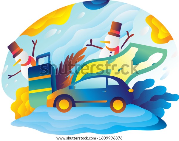 
a happy family trip by car. Flat
design with travel bag. snowman and winter
background
