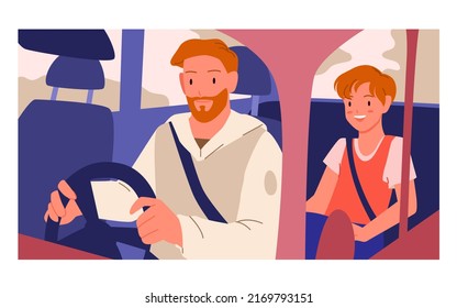 Happy family trip in car vector illustration. Cartoon father holding steering wheel and driving vehicle on road, son sitting in back seat with seat belt, passenger and driver inside car background