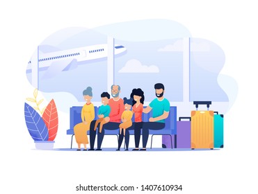 Happy Family Trip Motivation Cartoon. Grandparents, Married Couple with Children Sitting at Departure Arrival in Airport and Waiting for Airplane. Traveling Together. Flat Vector Illustration