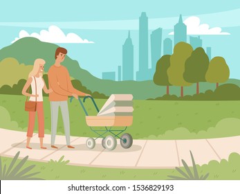 Happy family trip. Walking vacations park kids and parents walking in park playing happy people vector characters