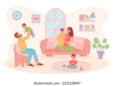 Happy Family With Triplets In The Living Room Spending Time At Home. Parenthood And Maternity, Large Family, Children Born From IVF, Reproductive Concept. 