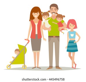 Happy family with twins kids. Cartoon characters family: mother,father, brother, sisters, twins. Couple in love and children. Flat style vector illustration isolated on white background