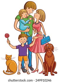 Happy family with two children, cat and dog.