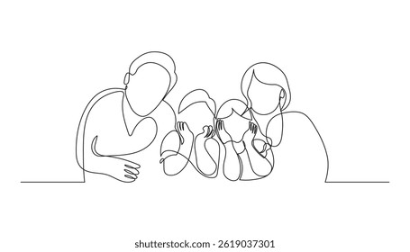 Família feliz com dois filhos em estilo de desenho de linha contínua. Retrato de família unida de pais com sua filha e filho esboço linear preto isolado no fundo branco. Ilustração vetorial
