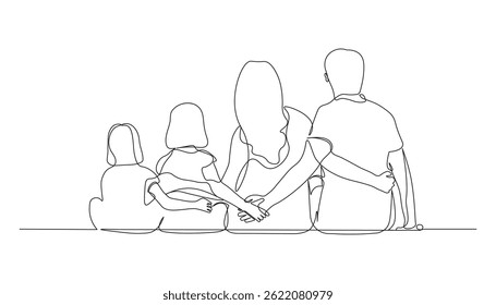Família feliz com dois filhos em estilo de desenho de linha contínua. Retrato de família unida de pais com sua filha e filho esboço linear preto isolado no fundo branco. Ilustração vetorial