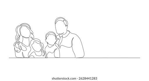 Happy family with two children in continuous line drawing style. United family portrait of parents with their daughter and son black linear sketch isolated on white background. Vector illustration