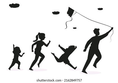 Happy Family with two children having fun Silhouettes premium vector template