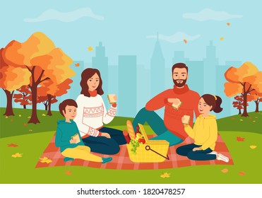 Happy family with two children on a picnic in the autumn city park. The concept of an outdoor weekend in the fall. Mom, dad, son, daughter are sitting together in nature. Cute vector illustration