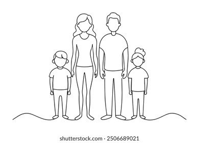 Happy Family With Two Children One line continuous line art vector illustration on white background.