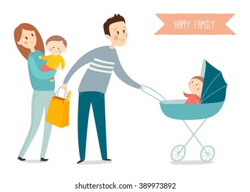 Happy family with two children walking. Cartoon vector eps 10 illustration isolated on white background.