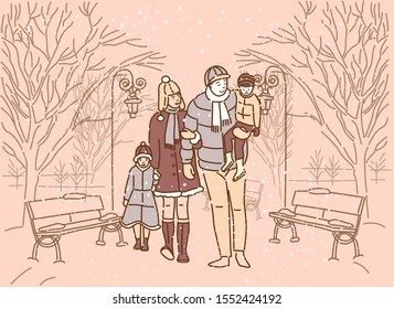 Happy family with two children walks in a winter park. Vector illustration