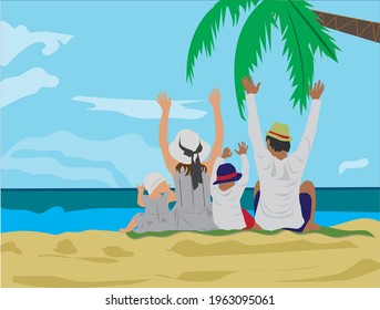 Happy family with two kids enjoy summer vacation on seaside. Summer travel and leisure on sea beach. Vector flat cartoon illustration.