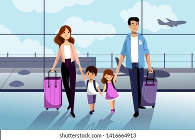 Happy Family With Two Kids Going To Their Summer Vacation. Family Travel By Airplane. Young Woman, Man, Boy And Girl In Airport. Vector Flat Cartoon Illustration.