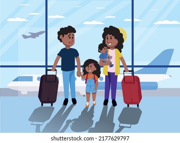 Happy family with two kids going to their summer vacation. Family travel by airplane. Young woman, man, boy and girl in airport. Vector flat cartoon illustration.