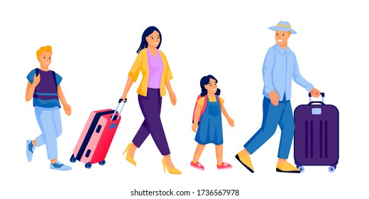 Happy family with two kids walking with baggage. Vector flat cartoon tourists characters illustration. Traveling man, woman, boy and girl with luggage bags. People on vacation isolated design elements