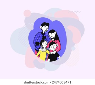 Happy family with two kids. Young couple of parents hugging son and daughter flat vector illustration. Unity, love, togetherness concept for banner, website design or landing page
