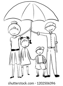 a happy family with umbrella black lineart and white background isolated illustration art