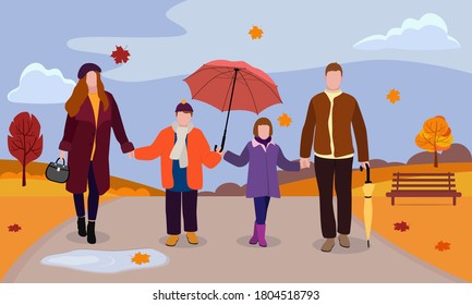 Happy family with umbrellas is walking in a beautiful autumn park. The concept of family outdoor recreation outside the city in the countryside. Vector illustration