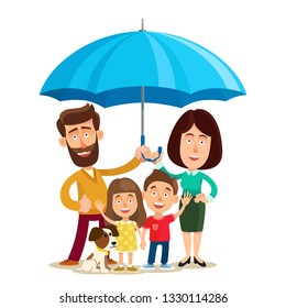 Happy Family Under Big Umbrella. Vector Illustration, Flat Cartoon Style.
Isolated On White Background.