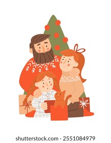 Happy family under Christmas tree with presents. Vector cartoon illustration in flat style. Mother, father and daughter open Christmas or New Year gift boxes. Template for greeting card