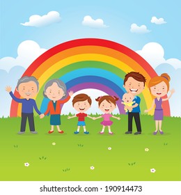 Happy Family Under The Rainbow. A Happy Family Gesturing Under The Rainbow.