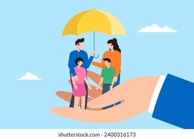 Happy family under umbrella of love with big supporting hand in flat design