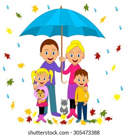 Happy family under umbrella.father, mother, son,daughter, dog and cat, illustration, vector