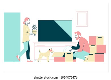 Happy family unpacking moving boxes in new house On Moving Day.Vector illustration