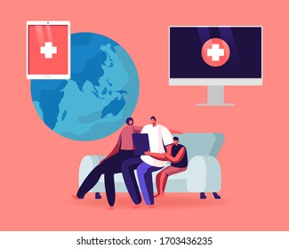 Happy Family Сharacters Using Ehr, Electronic Health Record System for Sending Health Information to Doctor Using Internet. Mother, Father and Child with Laptop. Cartoon People Vector Illustration