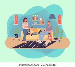 Happy family using gadgets in living room vector illustration. Mother, father, son and daughter with smartphones, laptop and tablet at home. Family, modern technology, internet addiction concept