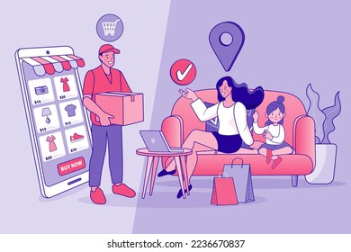 Happy family using a smartphone app, Man carrying a shopping box, technology and lifestyle concept. vector illustration concept for grocery delivery. woman receiving parcel from delivery man indoors.