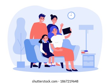 Happy family using tablet for video call. Parents, kid, grandparent flat vector illustration. Communication, love, togetherness concept for banner, website design or landing web page