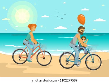 Happy family vacation. Father, mother and child cycling on the summer sea beach. Healthy lifestyle, sport, transportation. Vector illustration.