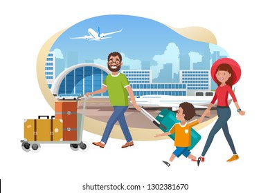 Happy Family Vacation Flight Cartoon Vector Concept Isolated on White Background. Father Pushing Baggage Trolley with Bags, Mother Holding Child by Hand while Hurrying to Boarding Plane in Airport