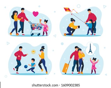 Happy Family Vacation Leisure Trendy Flat Vector Concepts Set. Parents with Preschooler Child Buying Groceries, Launching Kite, Playing Soccer Ball Outdoor, Planning Touristic Trip Illustrations