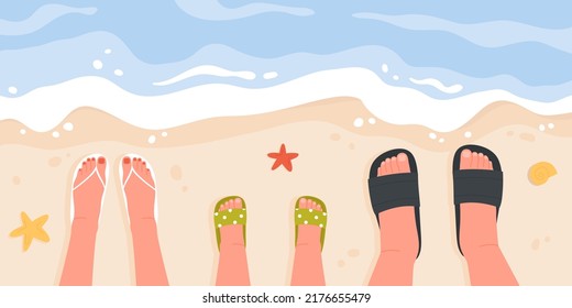 Happy family vacation on tropical sandy beach vector illustration. Cartoon feet in beach flip flops of dad, mom and child, top view of shoreline with blue waves background. Summer vibes, rest concept