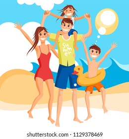 Happy family vacation together on the beach, vector illustration.