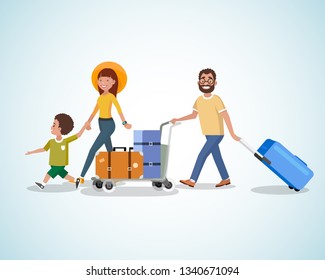Happy Family Vacation Trip Cartoon Vector Concept with Father Pushing Baggage Trolley with Bags, Mother Holding Child by Hand Illustration. Summer Leisure on Vacation. Carrying Luggage with Cart