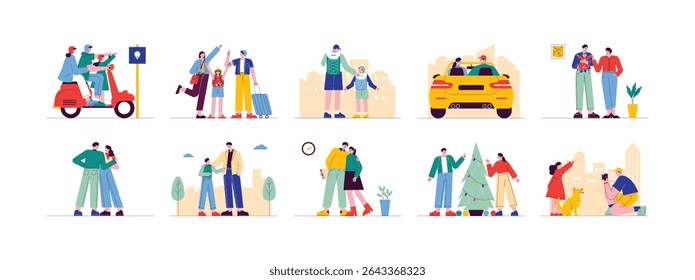 Família feliz com várias atividades favoritas durante o tempo livre, ilustração vetorial.