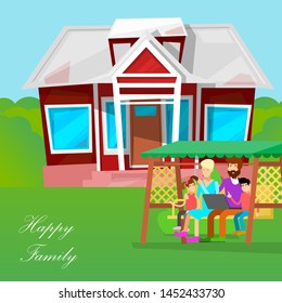 Happy family vector cartoon characters illustration. Happy family near their country house sitting with laptop on bench. Young parents and children are resting in nature.